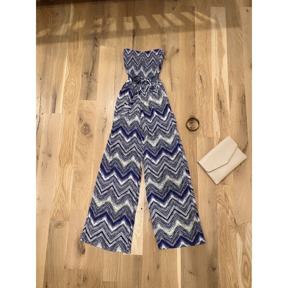 Guess Strapless Chevron Wide Leg Jumpsuit in Blue and Green Size XS EUC